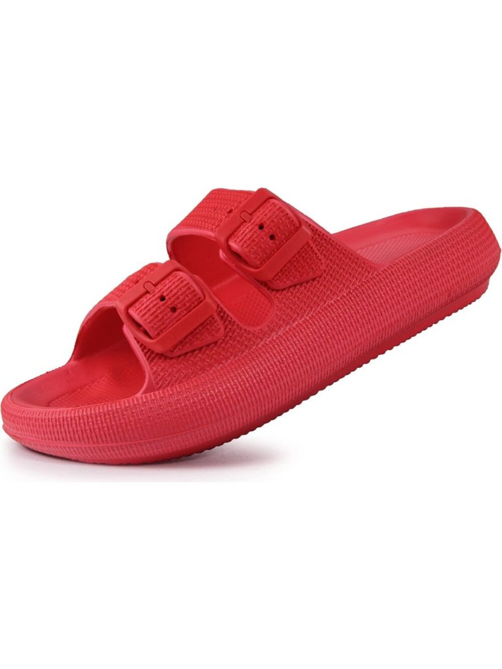 Women's Red Adjustable Width Pillow Design Double Buckle Flat Slides Slippers